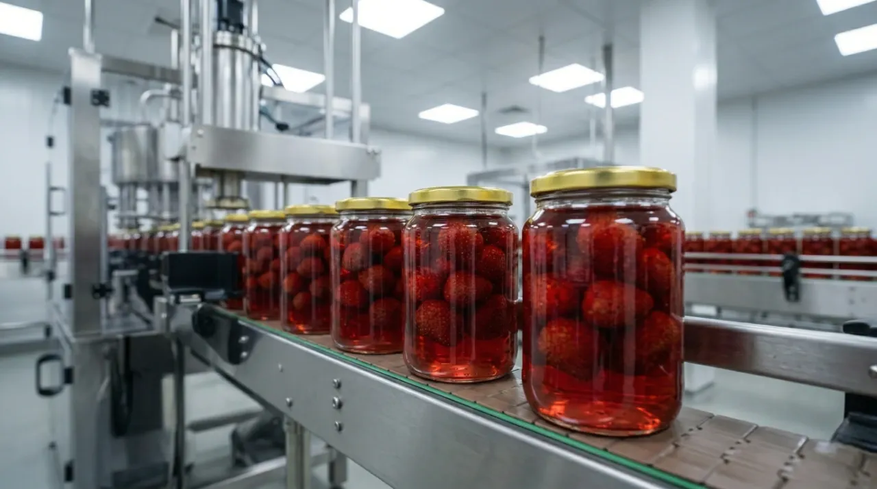 Reçel kavanozları dolum hattında